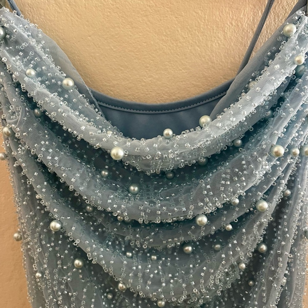 Oh Polly Seychelles Embellished Cowl Neck Mini Dress in Blue - Picture 7 of 10